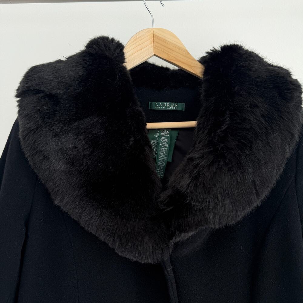 Ralph Lauren Coat Women 8 Black Wool Cashmere Blend Quiet Luxury Faux Fur Collar - Picture 3 of 9